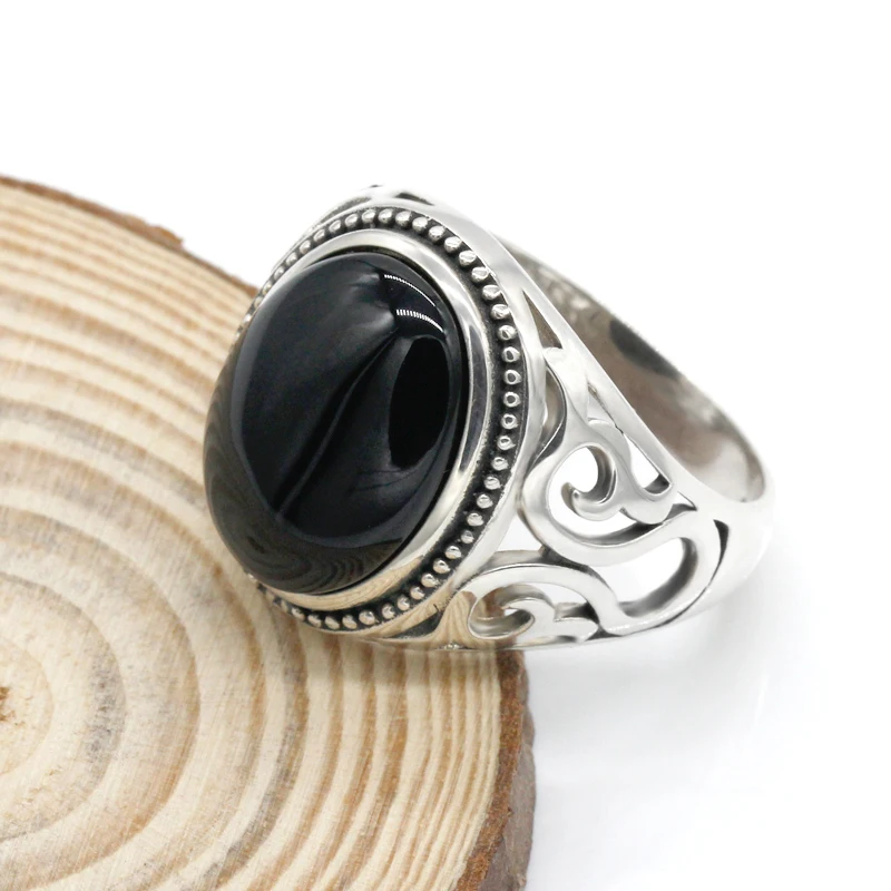 

925 Sterling Silver Men's Ring Black Onyx Stone with Clear CZ Men's Punk Ring High Jewelry