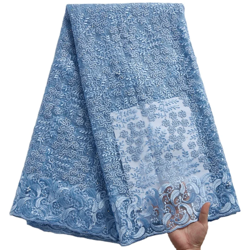 

2325 Sky Blue African French Lace Fabric With Stones High Quality Embroidered Tulle Net Lace Mesh Lace For Dress, Shown