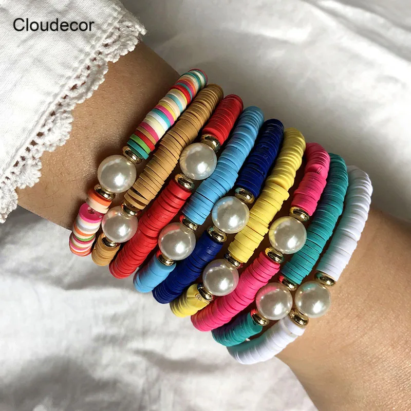 

Stackable Polymer Clay Bracelet With Pearl Charm Bohemia Polymer Clay Beads Disc Bracelet Women Beaded String Jewelry Wholesale