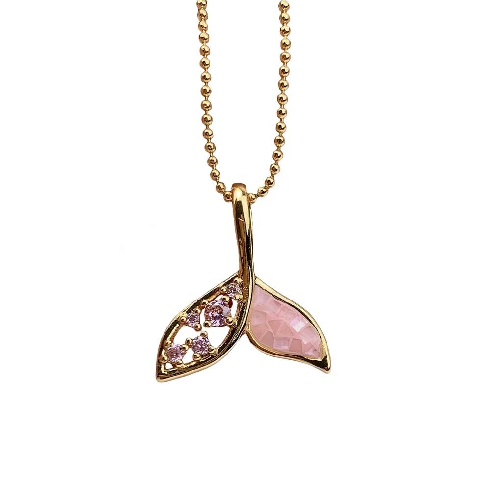 

New Pink Shell Zircon Fish Tail Pendant Necklace For Women 2021 Fashion Gift Jewelry Wholesale