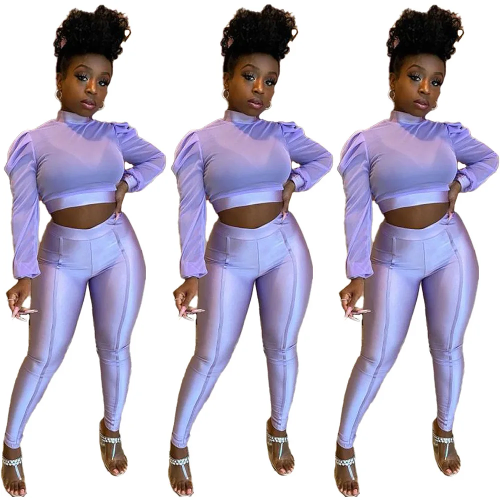 

Ladies Sexy Puff Sleeve Mesh Top Tights Stacked Pants Two Piece Set
