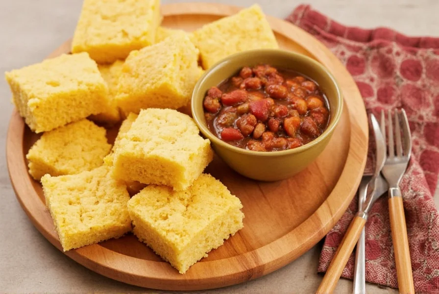 Golden brown cornbread squares served alongside a bowl of hearty chili