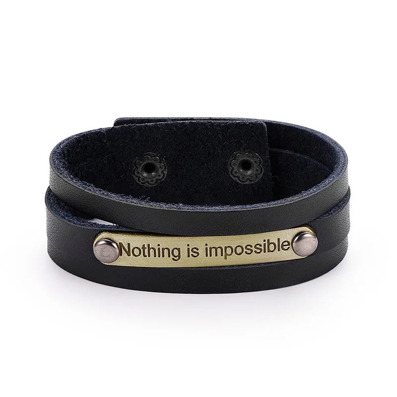 

PUSHI custom logo black color mens leather bracelet cool fashion custom clap wide leather bracelets men