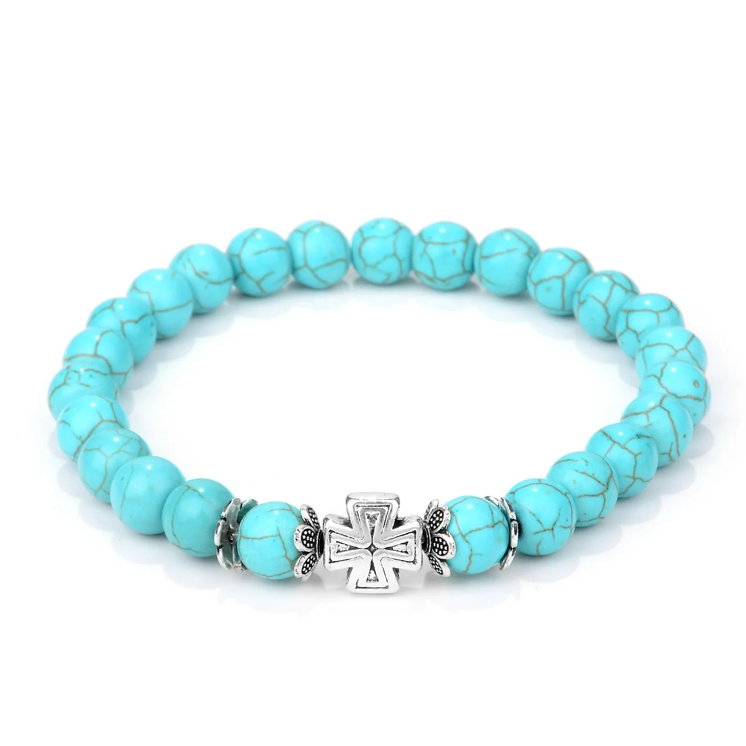 

Wholesale women vintage boho turquoise stone beaded antique silver plated cross design beaded women stone bracelet