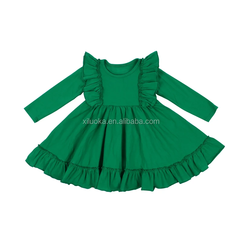 

High Quality Green Solid Color Girl Cotton Clothing Long Sleeve Kids Twirl Dress