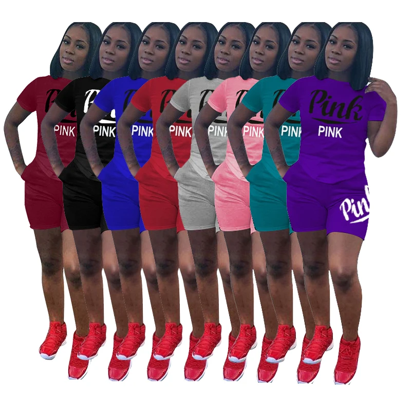 

Arrival Summer Ladies Short Sleeves Solid Color Outfit Letter Printed Two Piece Sets Women Clothing 2 Piece Sets HGL869 2021 New