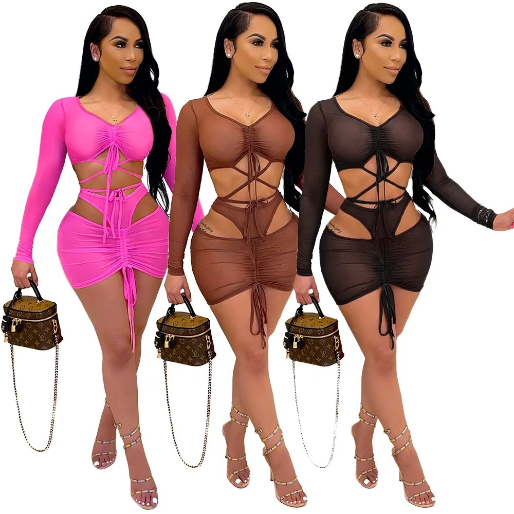 

LANOZY Night Club See Through Skirt Fashion Lace Long Sleeve Mesh Skirt Two Piece Sets, 3 colors