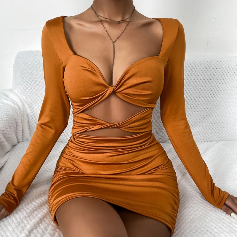 

Long Sleeve Hollow Twisted Deep V neck ruched Women Dresses Casual Club Party Bodycon Dresses elegant Pleated pencil Mini dress