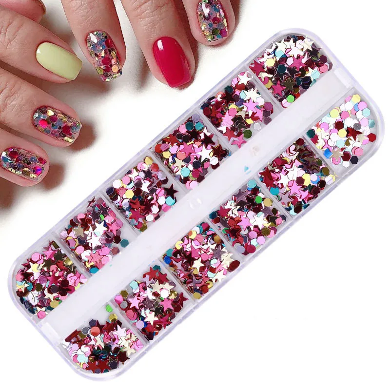 

12 grid boxed nail art sequins small peach heart star and moon stickers nail art decoration nail stickers, Multicolor