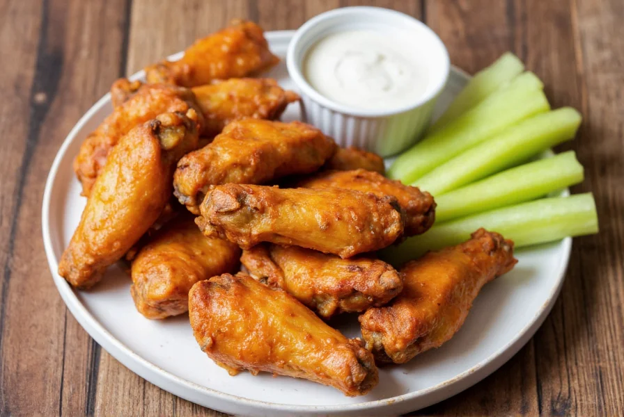 Homemade lemon pepper wings served with celery sticks and ranch dressing on wooden table