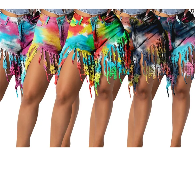 

Fashion Casual Ladies Denim Pants Tie Dyed Tassels Street Wear Summer Plus Size Women Short Jeans, Picture color