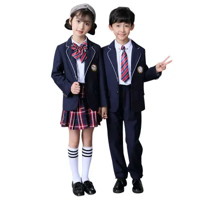 UK School Uniforms Primary School Clothes Children's College Boys Suits Girls Short Skirt Four Piece Set Spring Autumn Plus Size