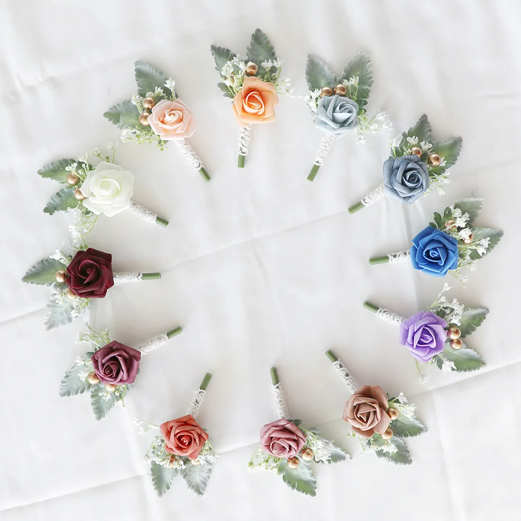 Men Boutonniere Buttonhole Rose Brooch Bride Wedding Wrist Corsage Bracelet Groom Ceremony Flower Party Meeting