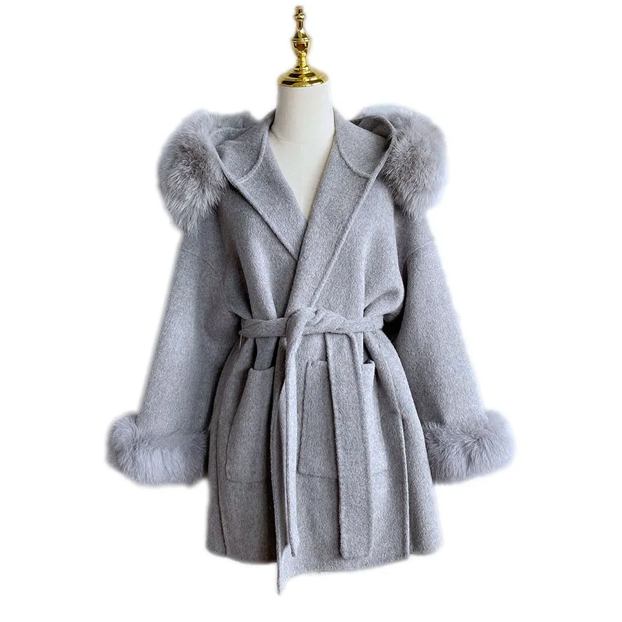 

QIUCHEN- QC21005 Women Winter Fox Fur Collared And Cuffs jacket Luxury Cashmere Wool Fur Coat, Customized color