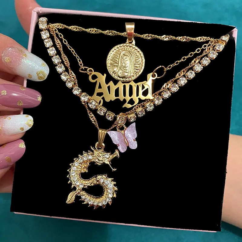 

2020 Bohemian Jewelry Gift Vintage Portrait Alphabet Angel Choker Necklace Crystal Dragon Butterfly Pendant Multilayer Necklace, Gold