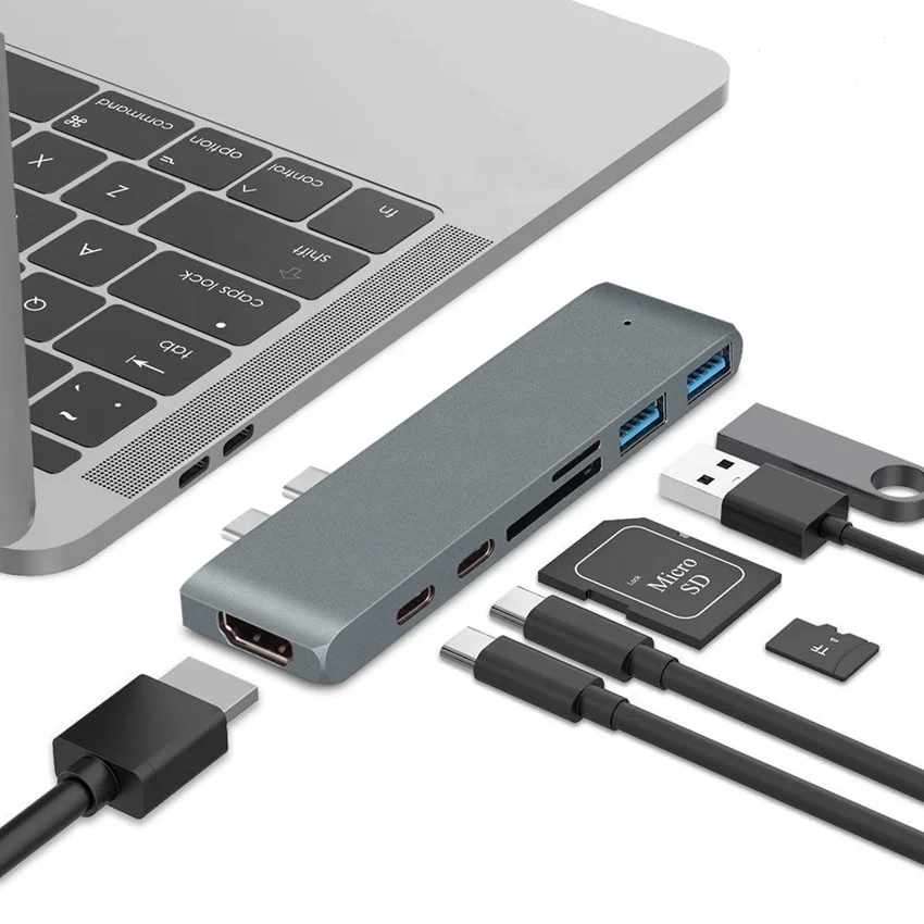 

USB C Hub Thunderbolt 3 HD-MI Compatible 4K TF/SD Reader PD Adapter 7 in 1 USB TYPE C Hub for Macbook Type-c Hub Docking Station, Siliver/grey