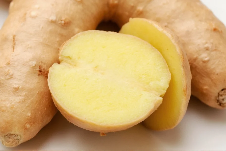 Close-up photograph of fresh ginger root showing knobby texture, tan skin, and pale yellow interior after being sliced open