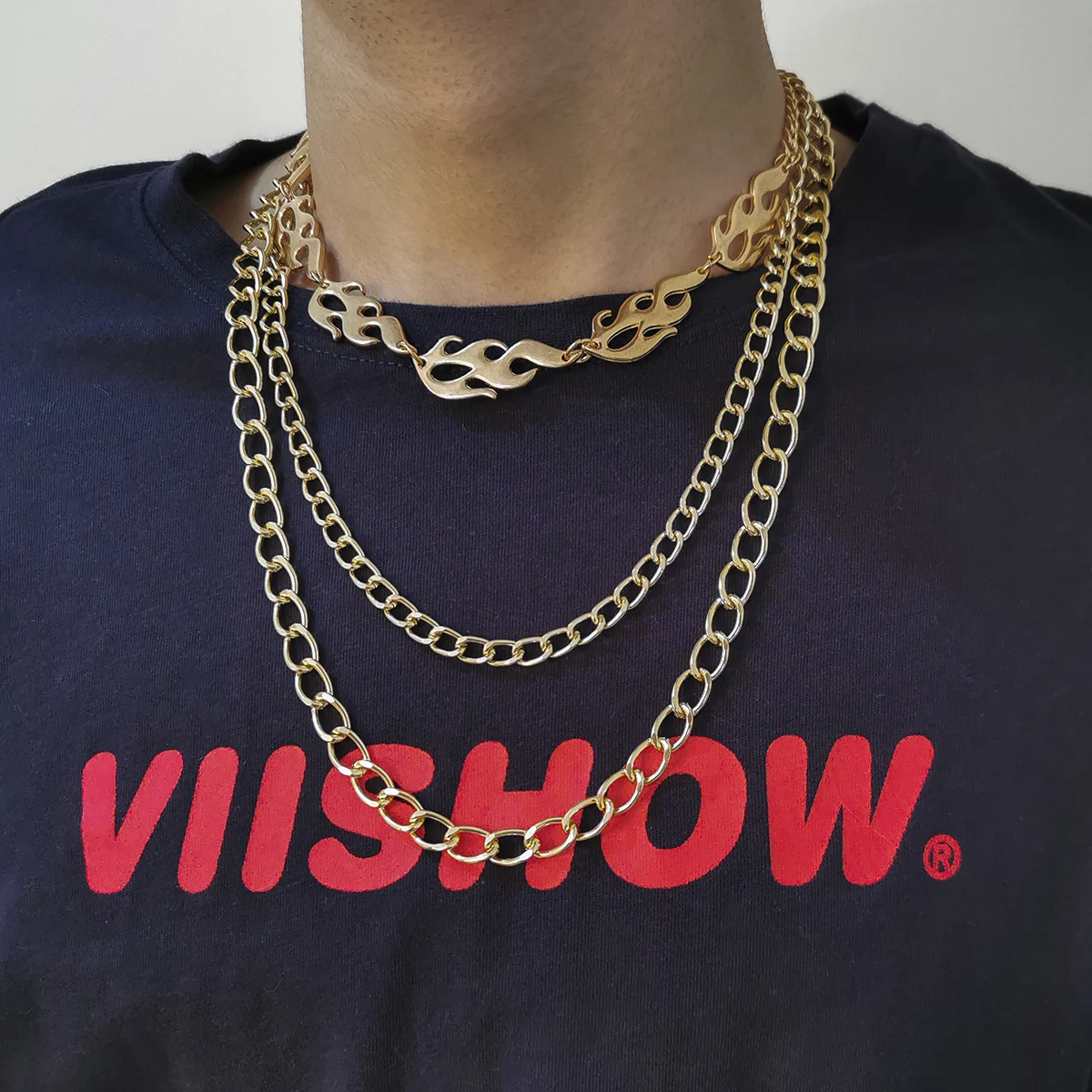 

SHIXIN Fashion Heavy Cuban Chain Necklace Simple Hip hop Men Jewelry 3 Layer Necklace Flame Punk Choker Pendnant Necklace, Gold,silver