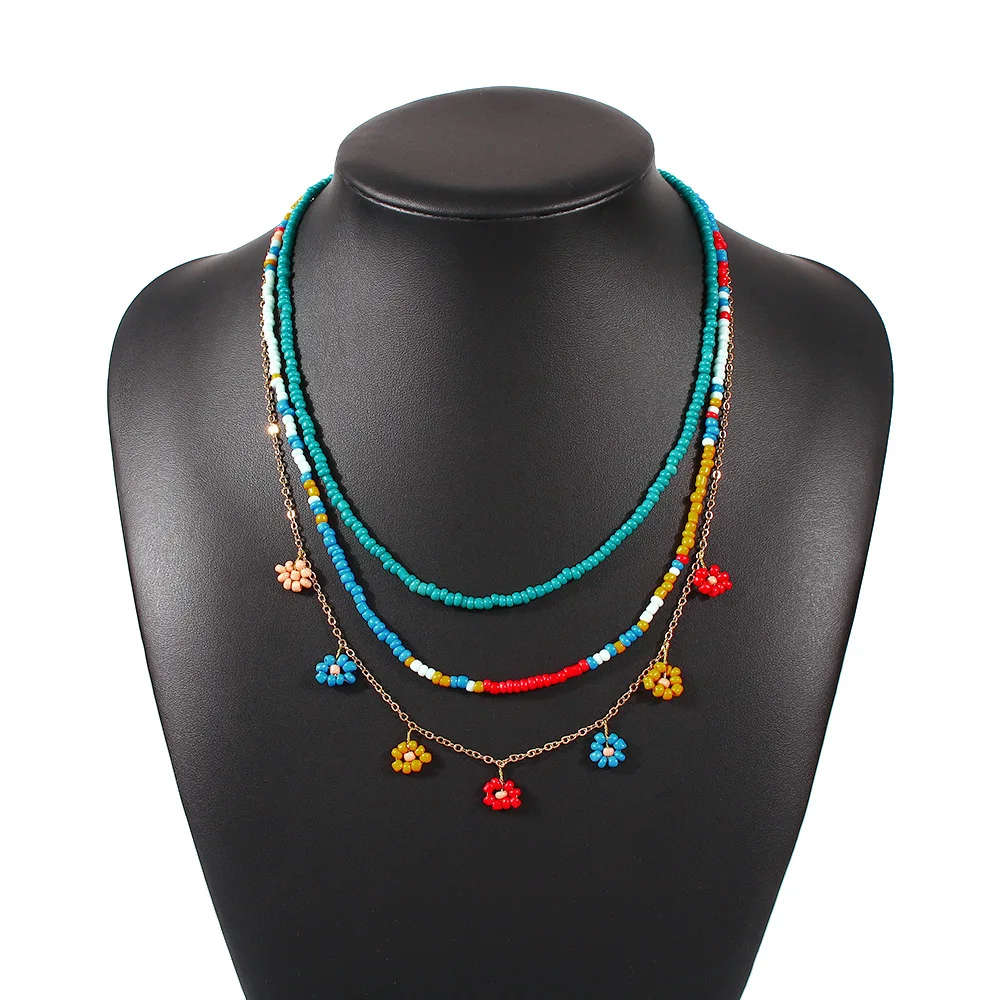 

New Fashion famous brand designer designed with High Quality gold plated colorful rice beads flower Bohemian style necklace