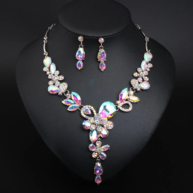 

European And American High Quality Fashion Crystal Flower Bling Flash Gem Necklace And Earring Jewelry Sets For Women