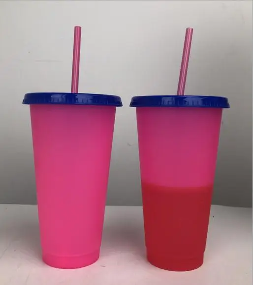 2019 New product plastic color changing cup with lid and straw Reusable temperature change color plastic tumbler Magic mug