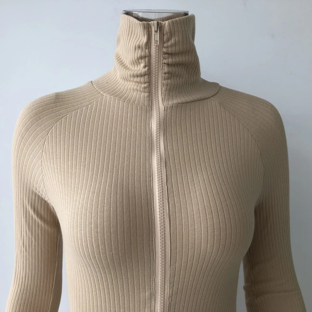 
8358 Hot sales long sleeves women tight zipper casual jumpsuits and rompers cotton Ribbed material classy women jumper 