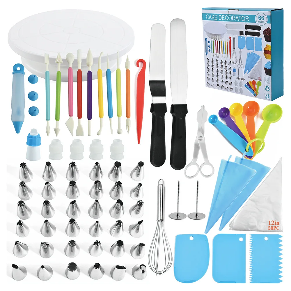 

66Pcs/set Fondant Baking Tool Pastry Cake Stand Nozzle Piping Bag Icing Spatula Set Cake Decorating Supplies Kit