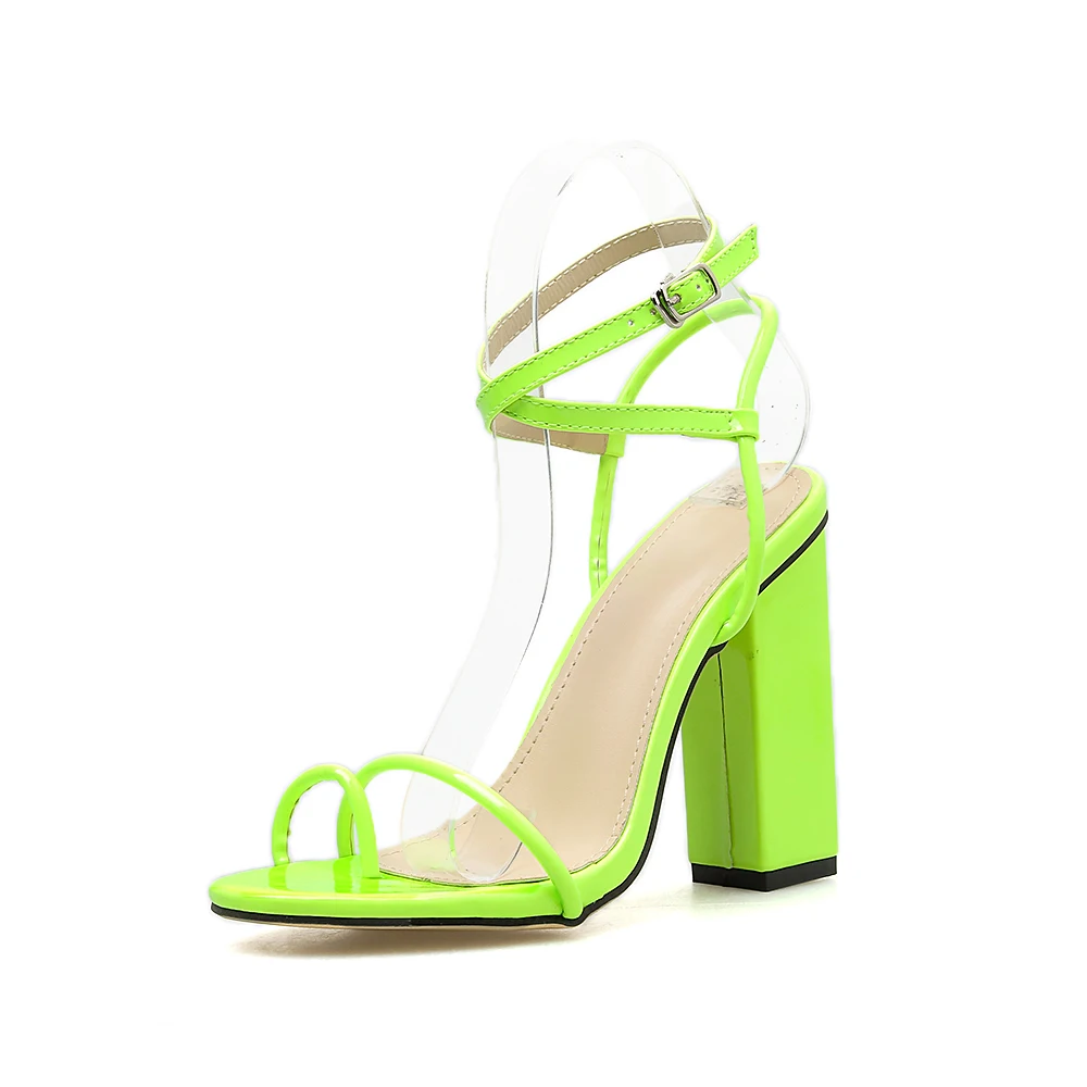 

Sandalias De Damas Neon Green and Orange Fancy Color Designer Toe Ring Block Chunky 10 High Women Sandal Heels for Ladies, Neon green, orange