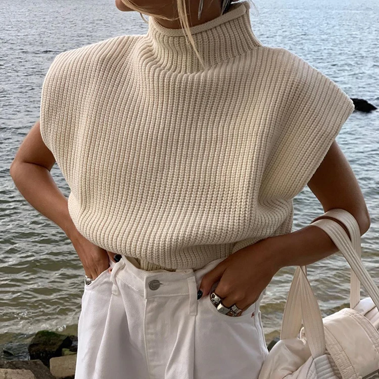 

High Quality Oversized Jumper Shoulder Pads Knitted Sleeveless Winter Autumn Female Pullover Tops Casual Turtleneck Women Sweat, Apricot;white