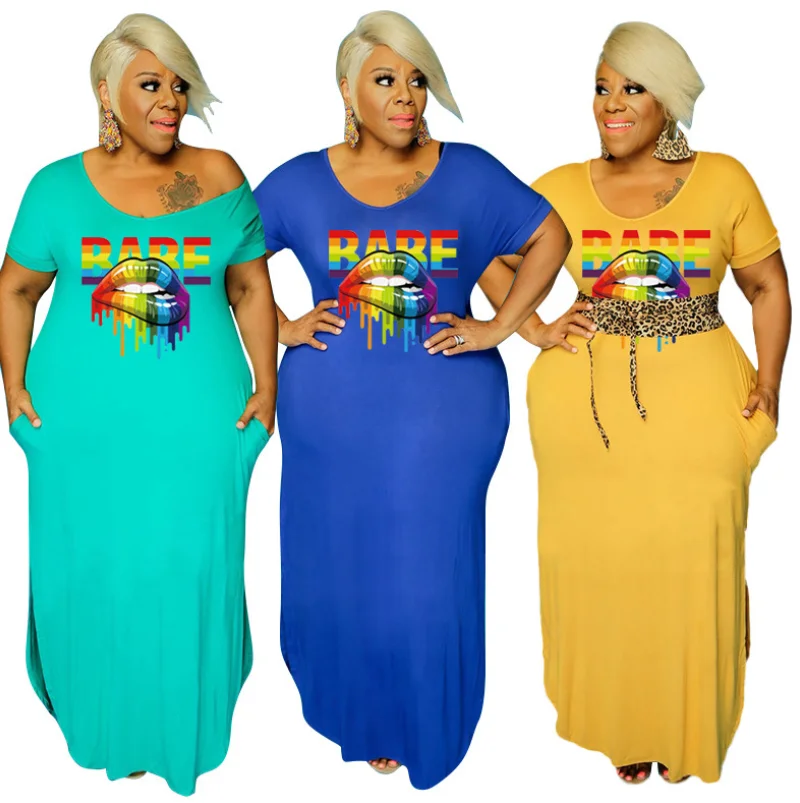 

Aliexpress Top Selling Lettered Lip Print Crew Neck Tight Side Pocket Long Women Oversized Commuter Dress, As picture