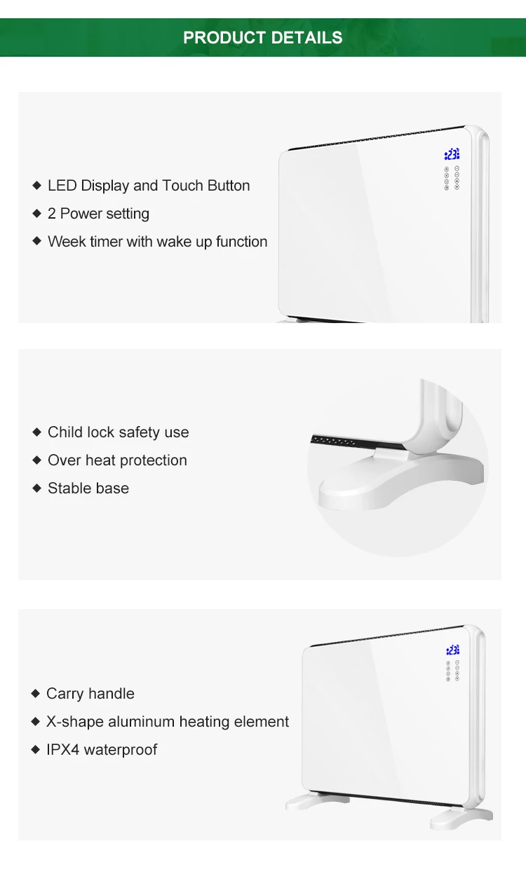 High Quality Household Freestanding Wall Mounted Convector Electric Heater Glass Panel Heater 2000w