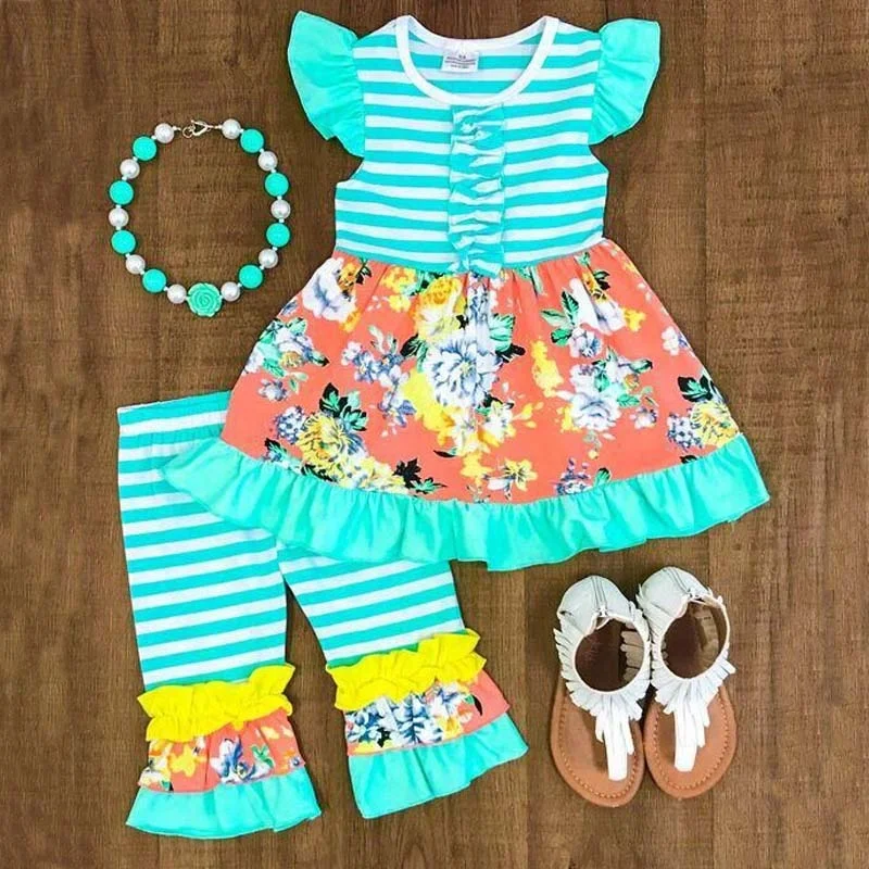 2020 Flutter Tops Printed Dress 2pcs Sets Kids Clothing Boutique Girls Outfit Wholesale Baby Girl Ruffle Pants Clothing Sets