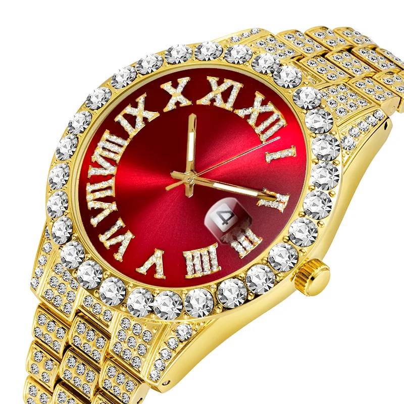 

High Quality Brand Luxury Bling Quartz Fashion Relojes Gold Full Rainbow men Diamond Watches