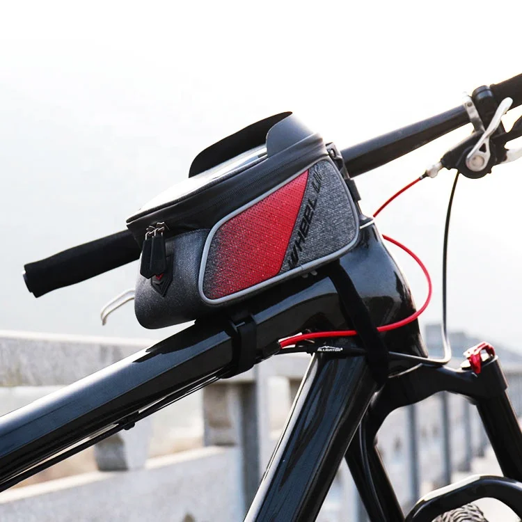 

Accept OEM Waterproof Bicycle Frame Bag Top Tube Phone Bag Bike Phone Front Frame Bag, Black/red, black/grey