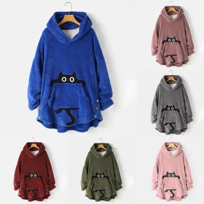 

Womens Fleece Hoodies Sweatshirt Plush Fur Cat Embroidery Plus Size Warm Hoodie Top Button Ladies Pullovers Winter Jumpers, Picture