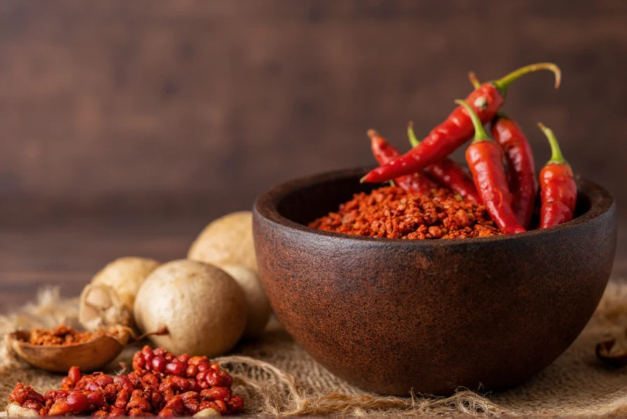 Traditional Mexican mortar and pestle with dried pequin peppers and other spices for making authentic mole sauce