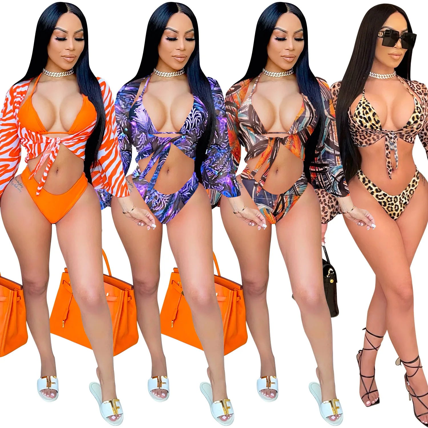 

Orange Blue Brown Leopard Beach Sexy 3 Piece Swimwear Sets Conjunto 3 Piezas Baju Renang Wanita Bikini Maillot De Bain