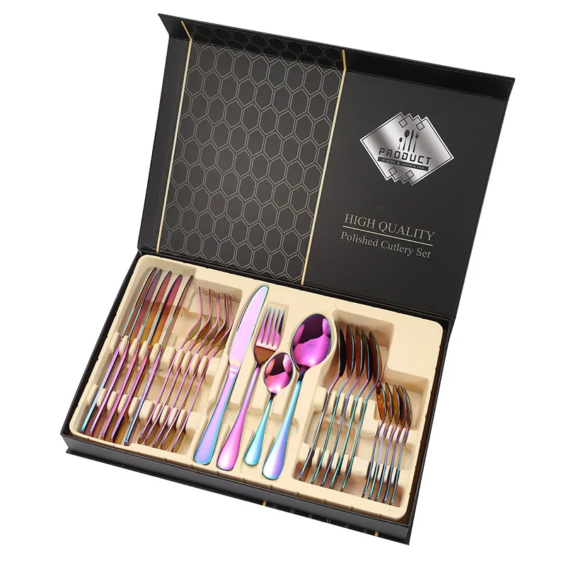 

Luxury Rainbow Gold Flatware 24pcs Stainless Steel Cutlery Set Wedding Holiday Gifts Wholesale Manufacturers of Utensils, Silver/gold/rose gold/rainbow/black