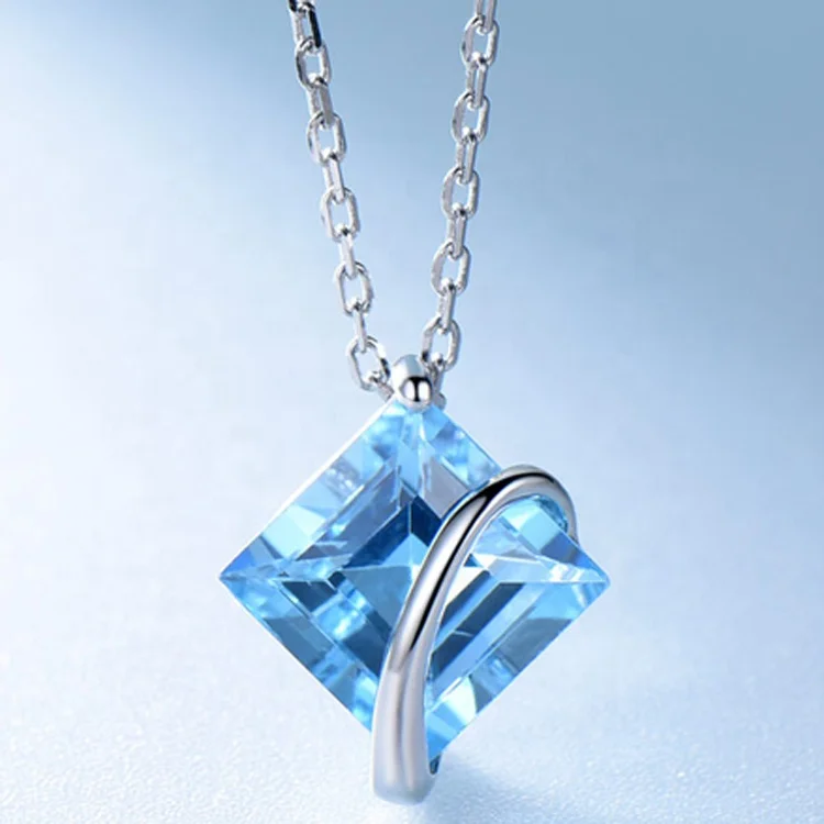 

Classic 3.3ct Square Created Blue Topaz Sterling Silver 925 Square Necklace Women