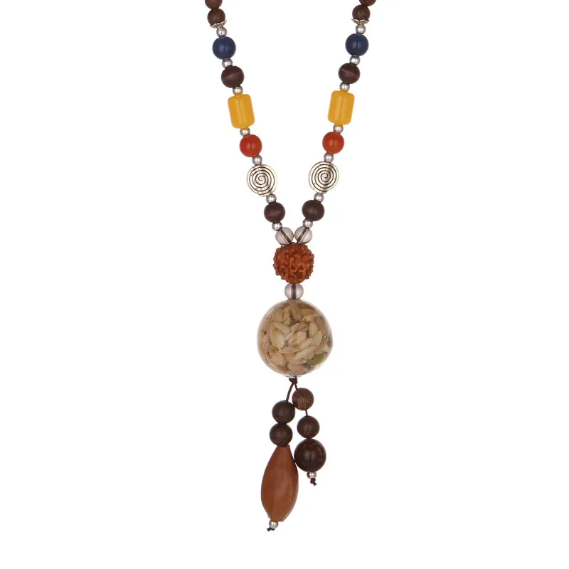 

Handmade Retro Ethnic Buddhist Long Bead Chain Buddha Wood Beads Pendant Necklace, Colorful