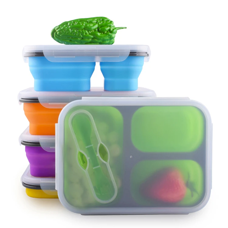 

LULA Wholesale 3 Compartment Kids Bento Reusable Food Storage Containers Folding Collapsible Silicone Lunch Boxes With Fork