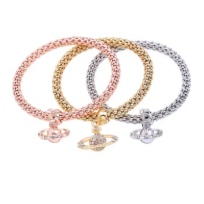 

Inlaid Rhinestone Elastic Pendant Charm Corn Chain Bracelet Gold Plated Diamond Planet Corn Chain Set Bracelet For Female