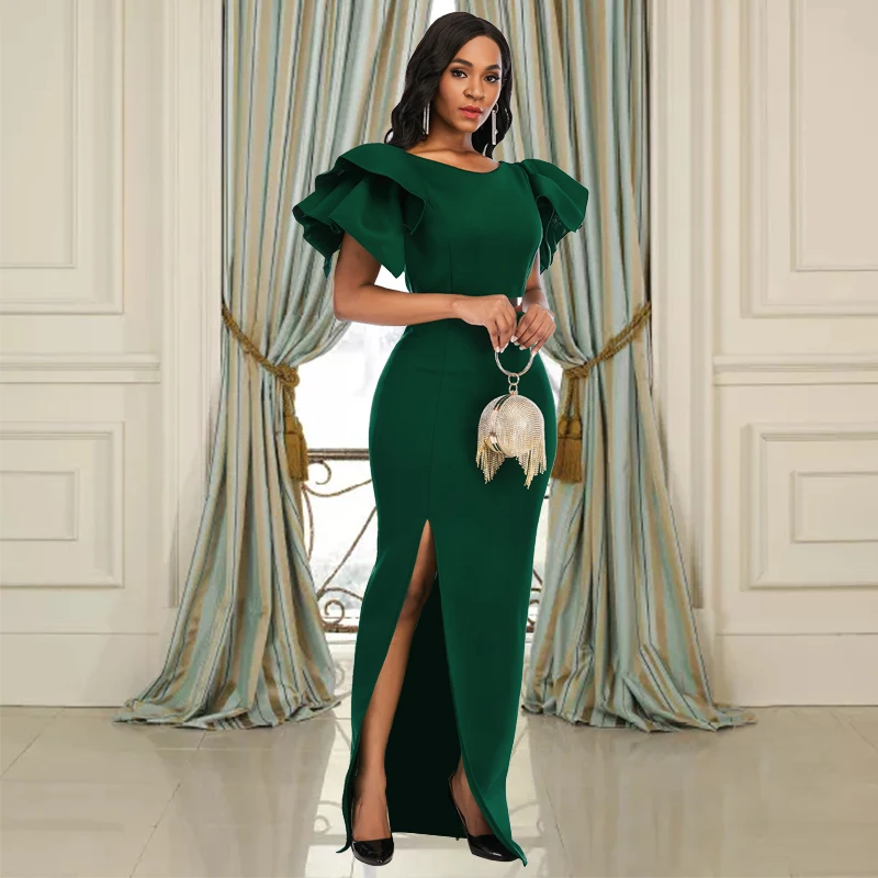

Elegant Bodycon Christmas Green Ruffle Sleeve Maxi Women Evening Dress
