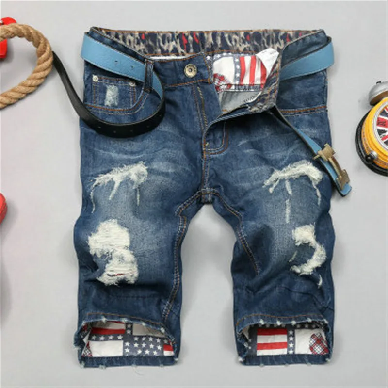 

men's High Quality Hole Pattern Jeans European American Casual Fashion men's retro Pocket Zipper Short pants, Customized color