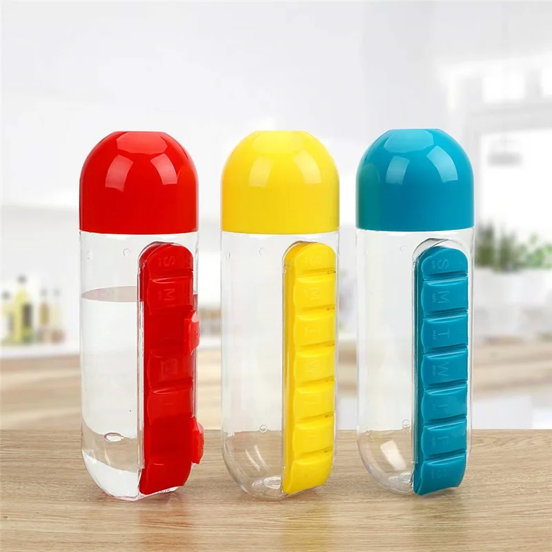 

Wholesale Customized BPA Free Tritan Pill Organizer Plastic Drinking Water Bottle With Pill Box Storage, Blue,red,green and purple