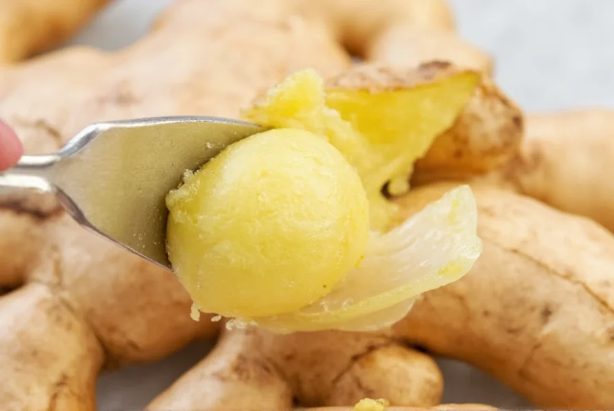 Close-up of fresh ginger root with spoon peeling technique showing how to remove skin without wasting flesh