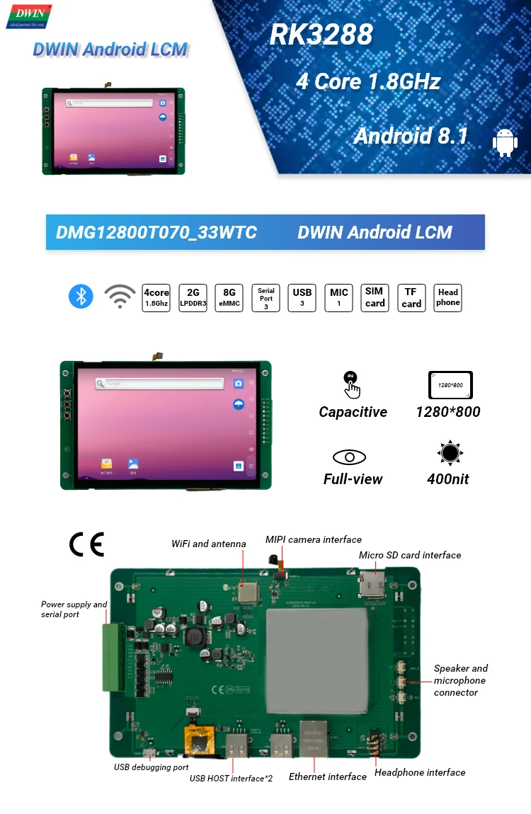 DWIN HMI Touch Screen, Smart LCD Module with Android OS, Car GPS Player 7.0 Inch Tft Display, 1280*800