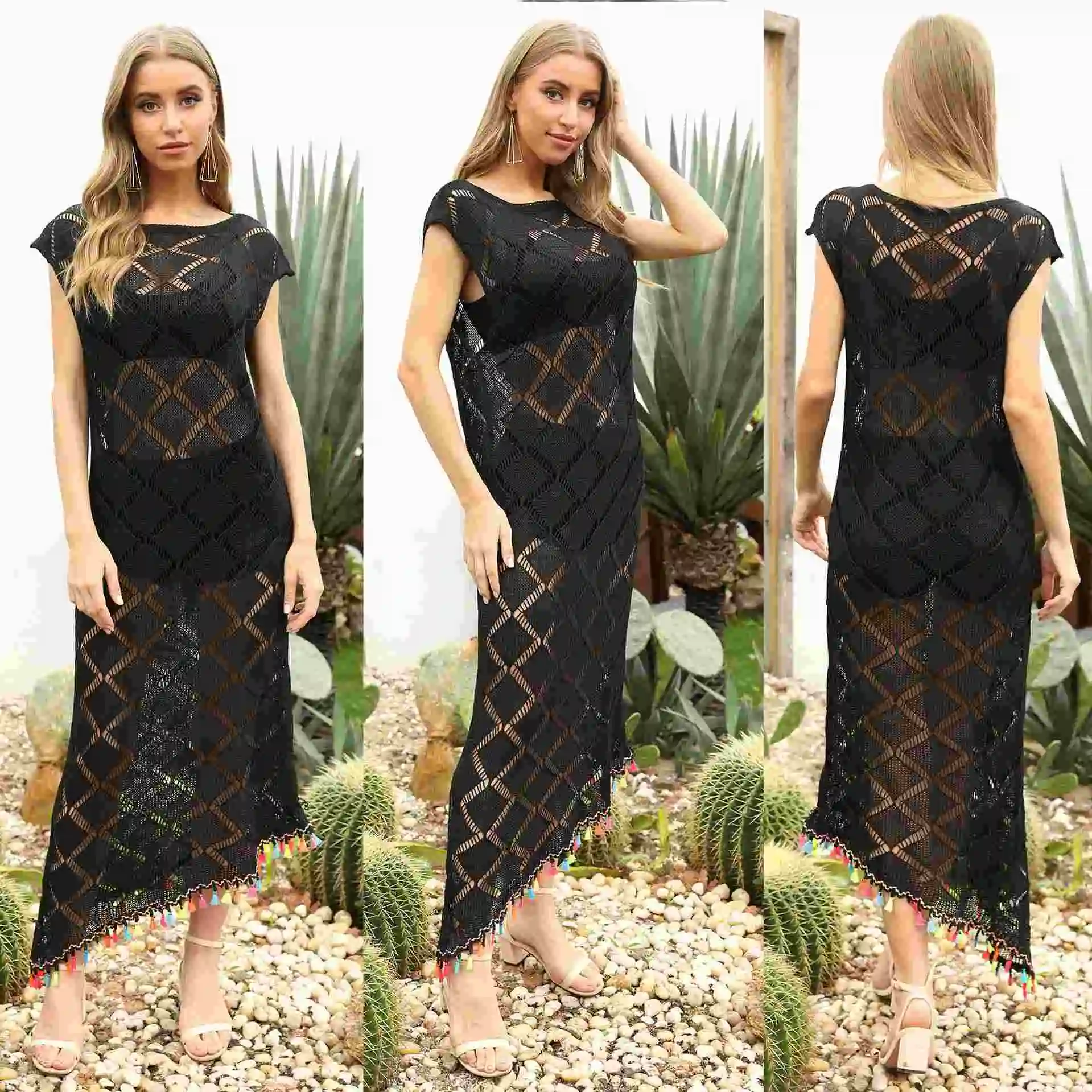 

Women Bikini Swimsuit Cover Up Hollow Out Beach Dress Tassel Tunics Bathing Suits, Black /custom