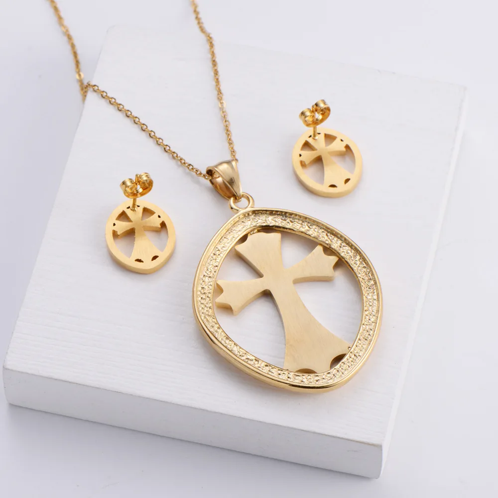 

High Quality Italian Ethiopian Tarnish Free 18k Gold Big Cross Jewelry Set