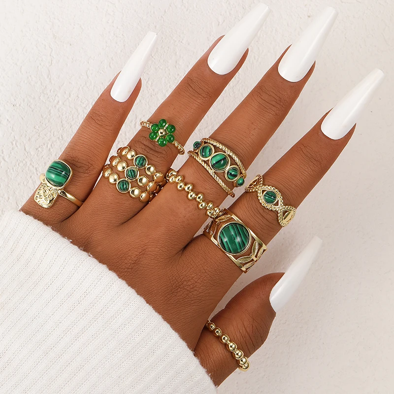 

Retro Fashion Natural Malachite Stone Ring Set Opening Adjustable Emerald Rings for Women